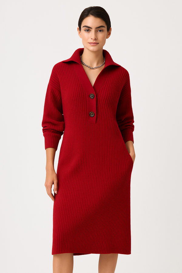 Adèle™ – Robe tricotée chaude en laine rouge cardinal ❤️