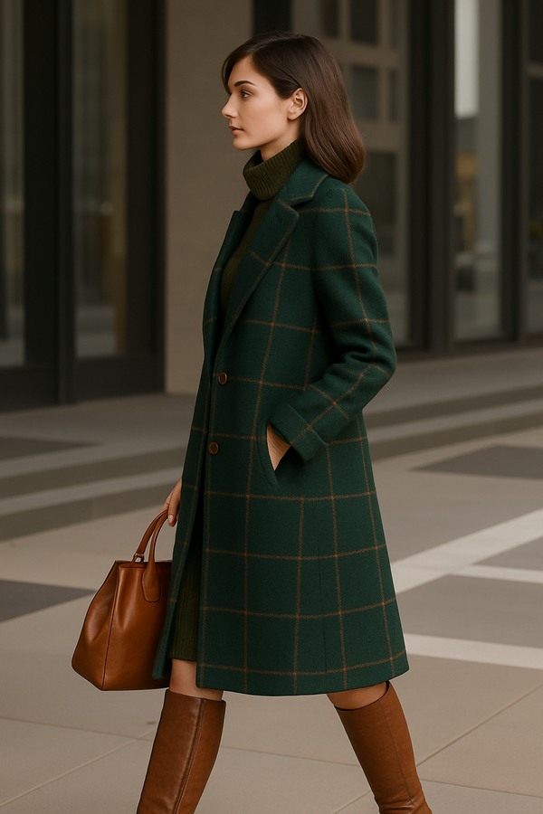 Amélie™ – Manteau long en laine à carreaux vert forêt