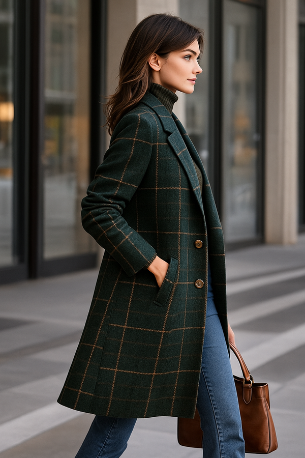 Amélie™ – Manteau long en laine à carreaux vert forêt
