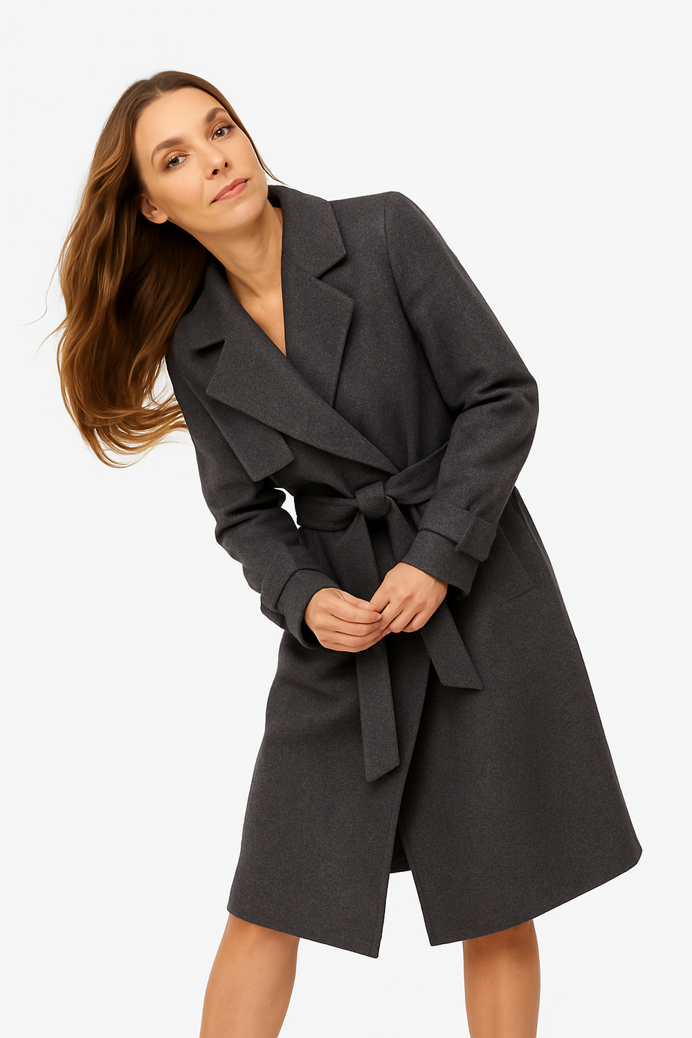 Noémie™ – Manteau ceinturé en laine gris charbon