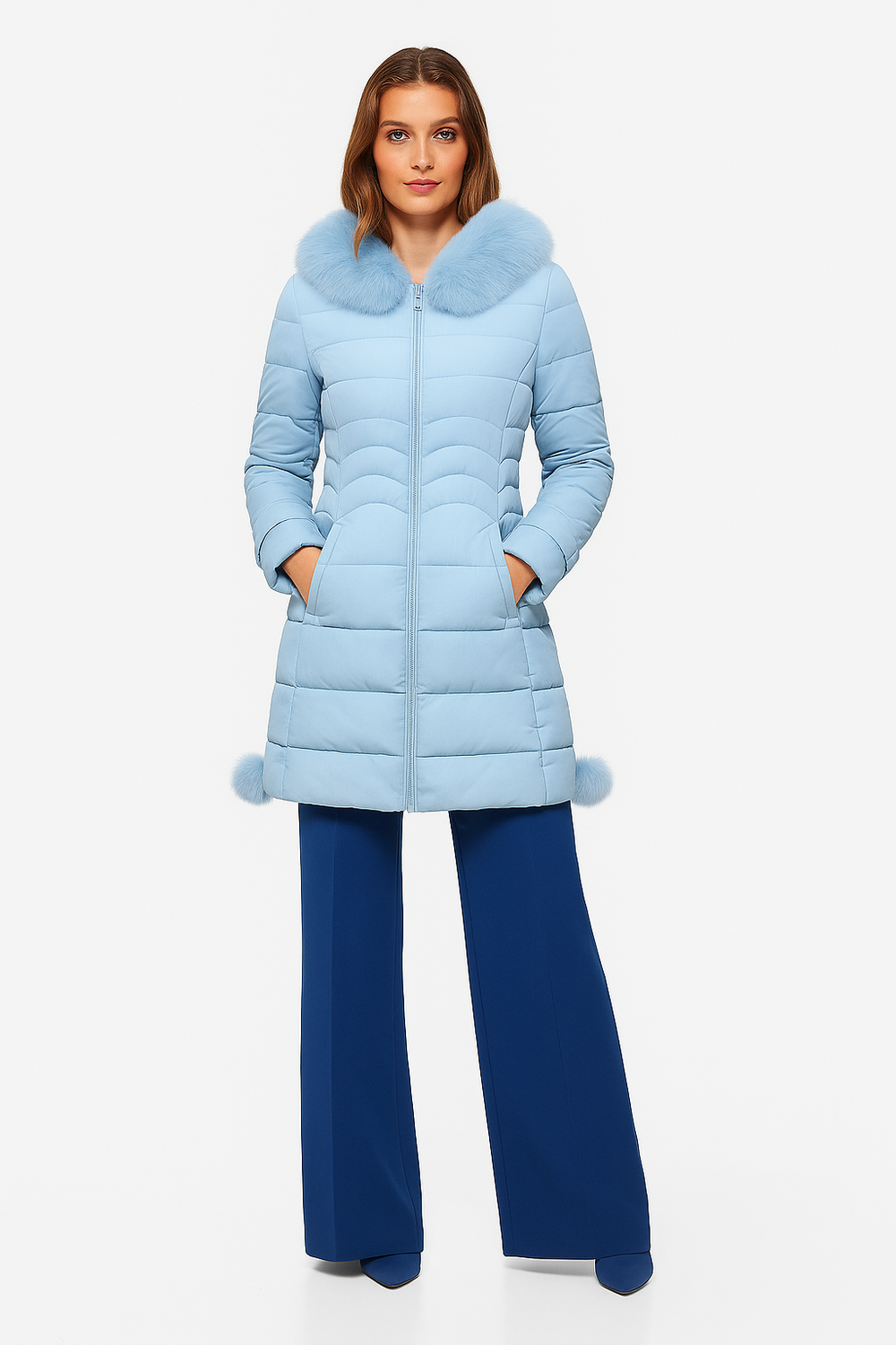 MilaBelle™ – Doudoune slim midi bleu glacé