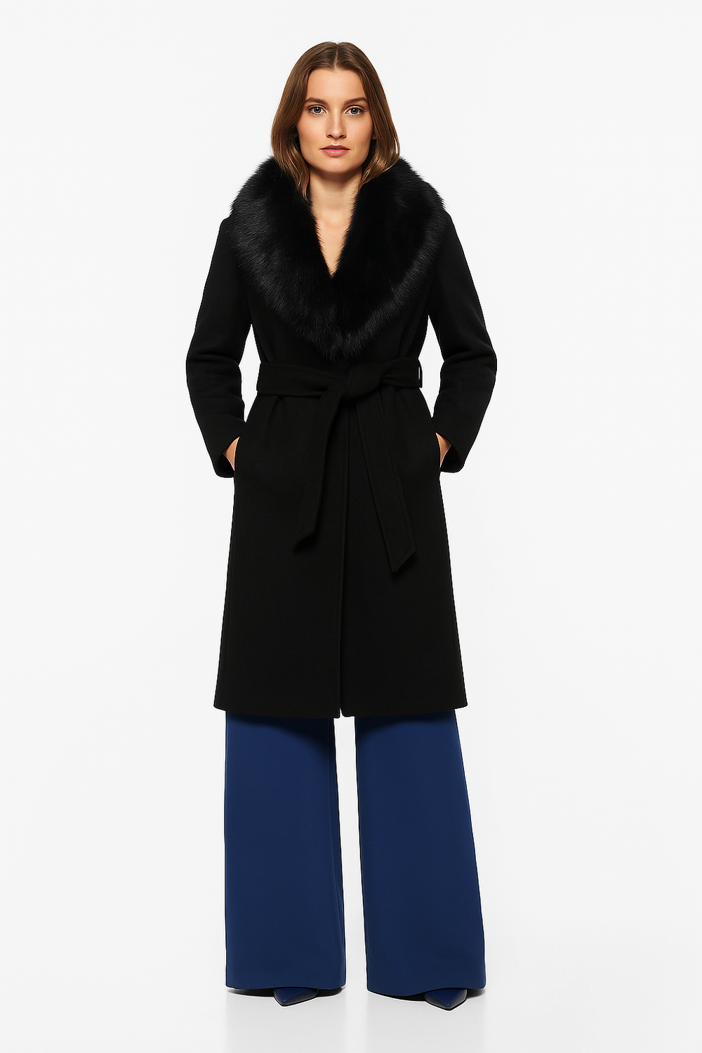 Louise™ – Manteau long ceinturé laine & fourrure bordeaux