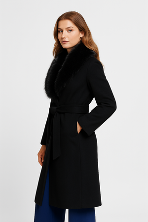 Louise™ – Manteau long ceinturé laine & fourrure bordeaux