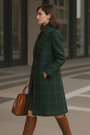Amélie™ – Manteau long en laine à carreaux vert forêt